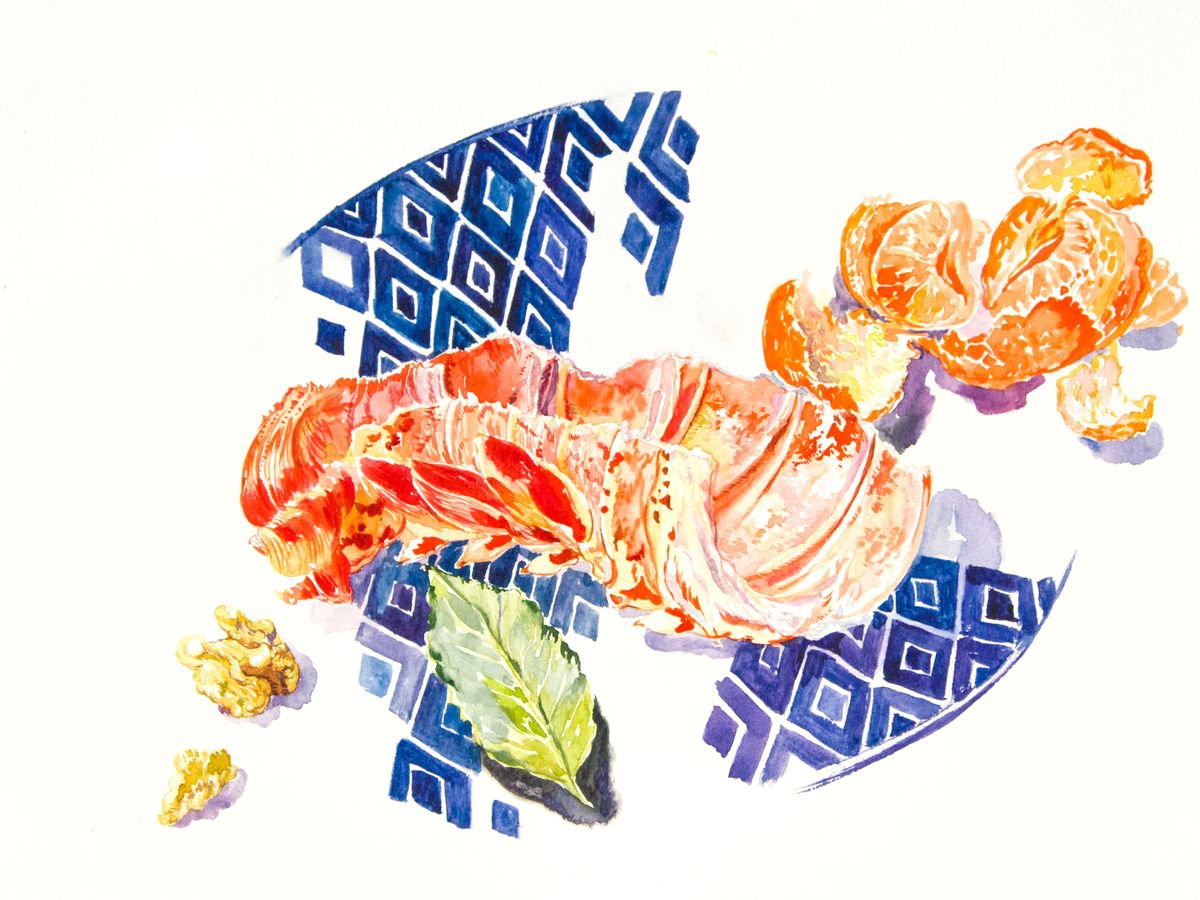 Watercolor still life with lobster shell by Daria Galinski