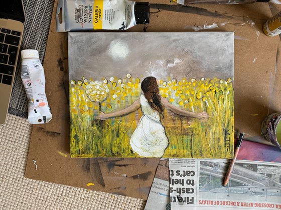 Feel Good Painting / Meadow / Yellow / Child / Flowers / Home Decor / Wall Art / Canvas Painting/ Gift Ideas