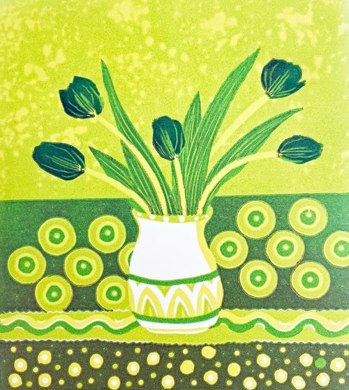 Tulips and Circles - green by Drusilla  Cole