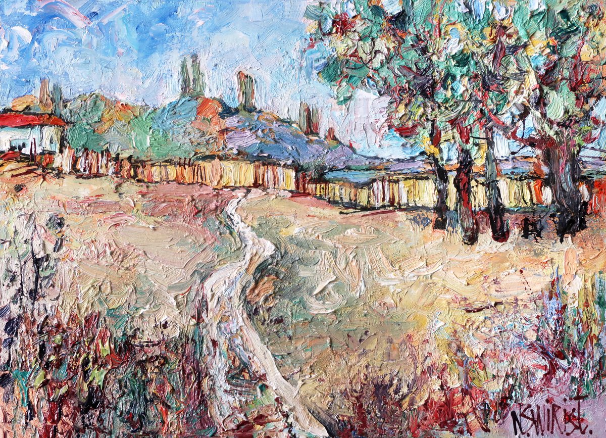 Impressionistic Landscape Oil Painting By Nikifor Swiristuhin, 14 X 10", Meadow And Willows., Original Artwork