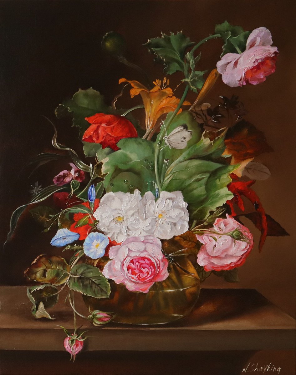 Photorealistic Oil Painting , Floral Still Life With Garden Flowers By Natalia Shaykina, 16 X 20, Artwork For Sale On Artfinder