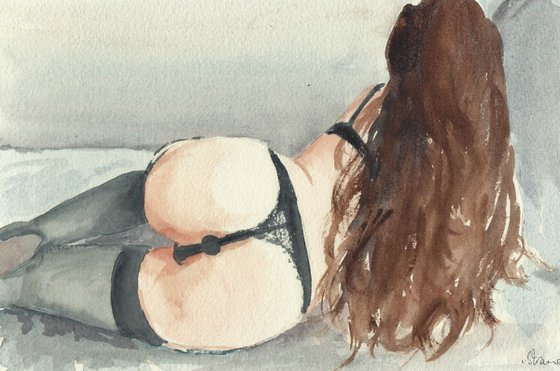 Just For You; ORIGINAL PAINTING NUDE EROTIC watercolour picture.