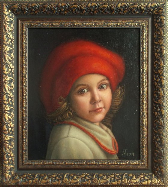 child portrait "Little Red Riding Hood", realistic painting, portrait on canvas