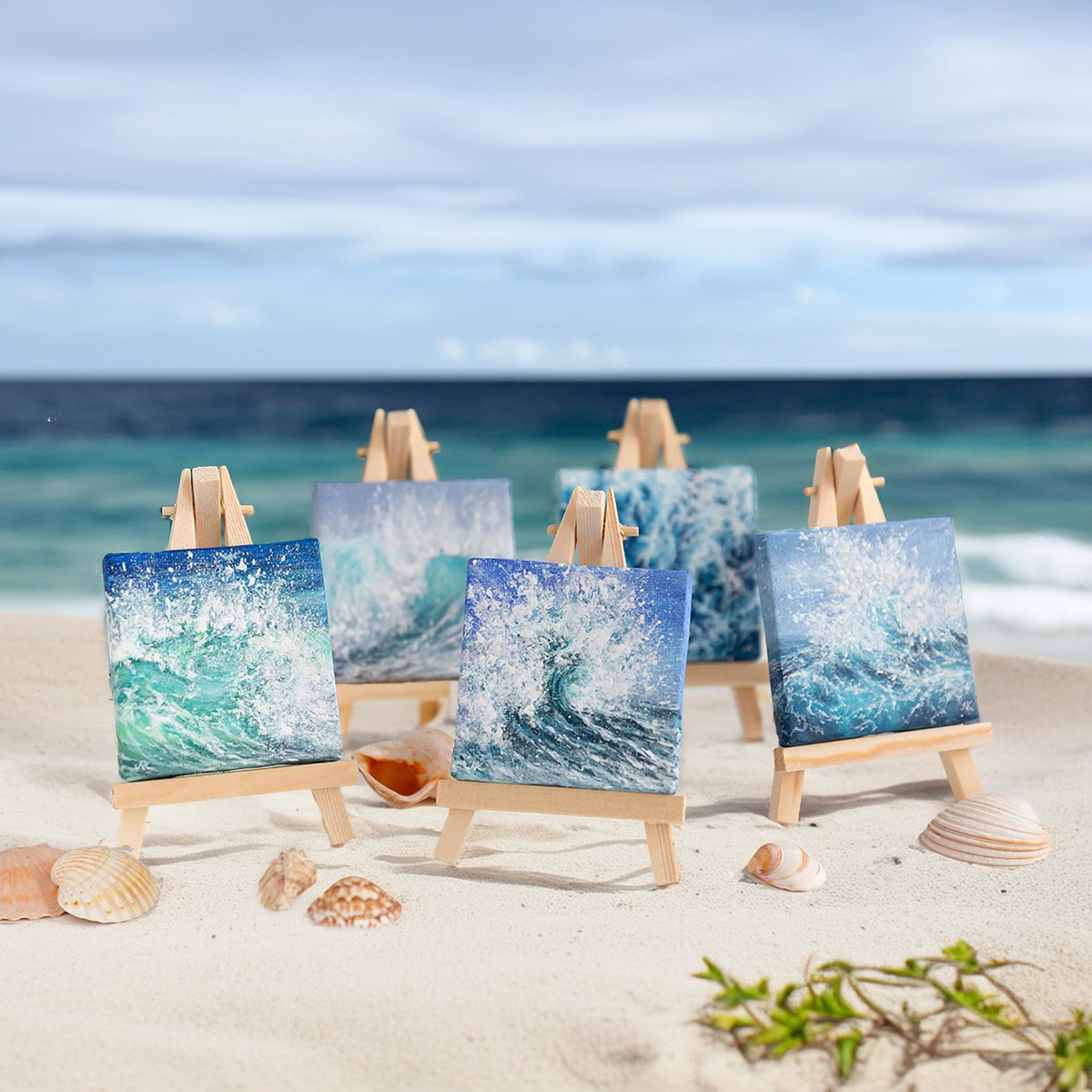 Impressionistic Landscape Acrylic Painting By Kateryna Nazarenko, 3 X 3", Miniature Blue Ocean Waves, Original Artwork
