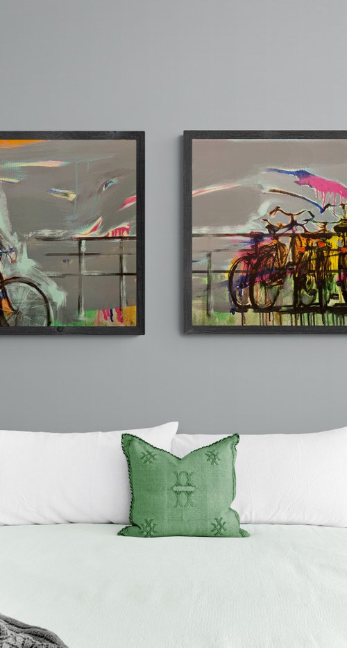 Big painting - "Amsterdam" - Girl - Bikes - Bicycle - Diptych - Pop Art - Urban by Yaroslav Yasenev