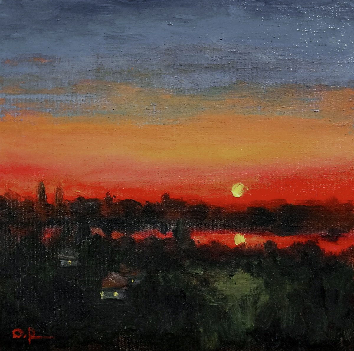 Impressionistic Landscape Oil Painting By Oleh Rak, 10 X 10", Quiet Evening, Original Artwork