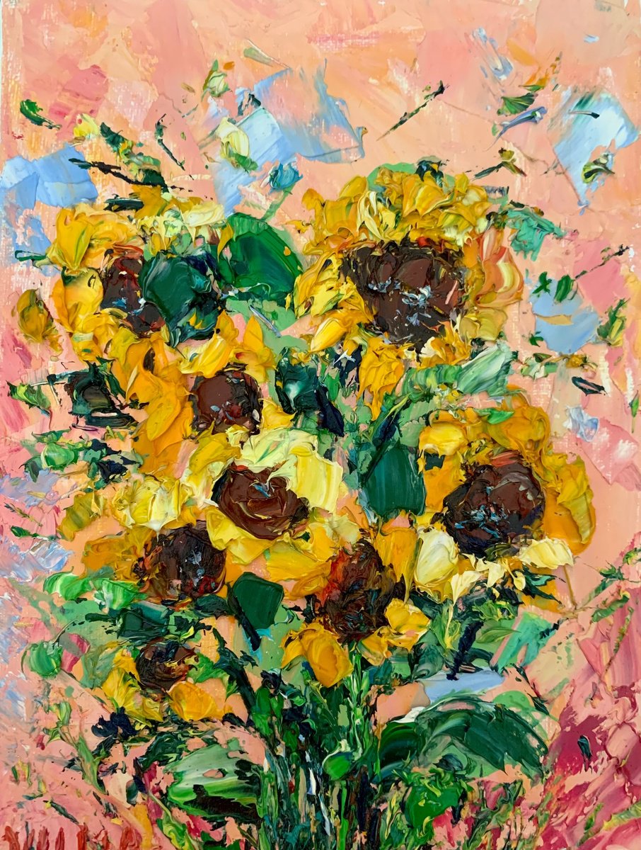 Abstract Botanical Oil Painting By Vilma Gataveckien?, 9 X 11", Sunflowers, Original Artwork