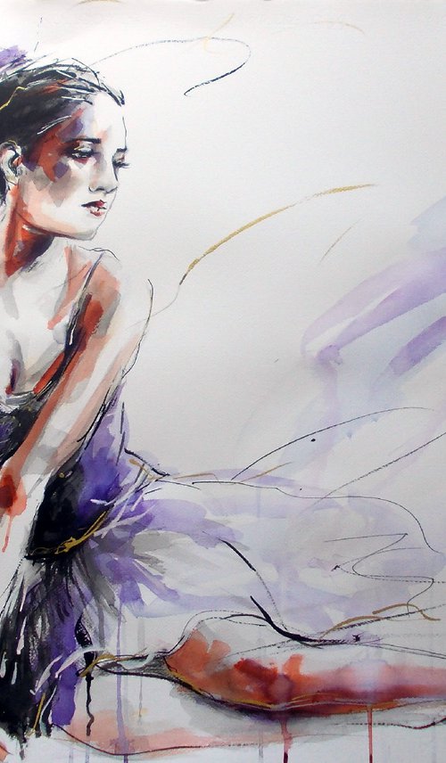 Pause II -Ballerina Painting on Paper by Antigoni Tziora
