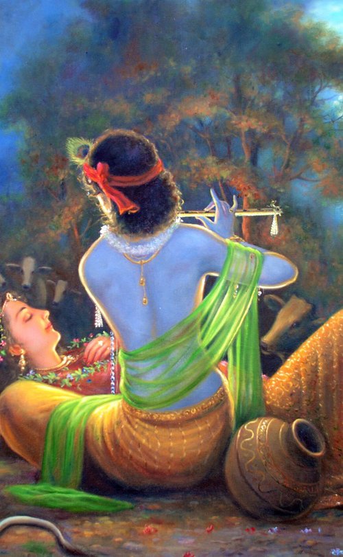 Moments of Musical Love and Divine Romance - Radha Krishna | Oil Painting By Hari Om Singh by Hariom Hitesh Singh