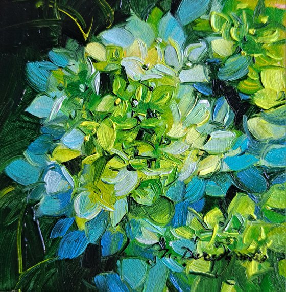 Hydrangea flowers oil painting original, Green blue flower small painting framed