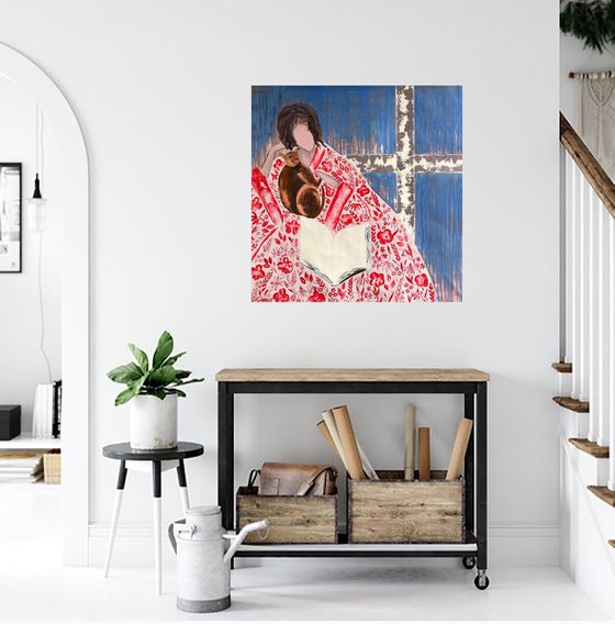 Woman Cat Reading Original Painting