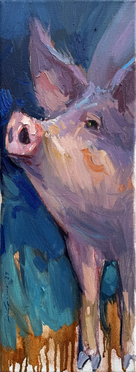 Expressive Animal Oil Painting By Ivan Dragan, 8 X 22, Pig, Original Artwork