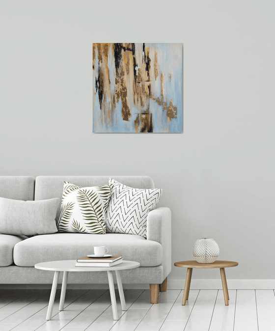 Scandinavia, Abstract Painting Grey Black Gold Wall Art Abstract Cityscape Artwork 70x70 cm ready to hang