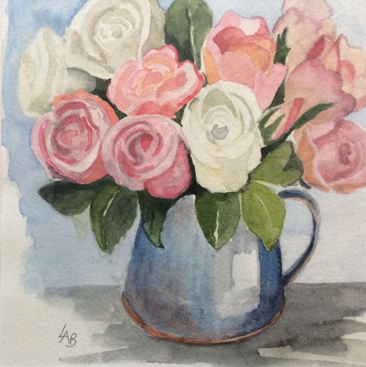 Roses in blue jug by Linda Bartlett
