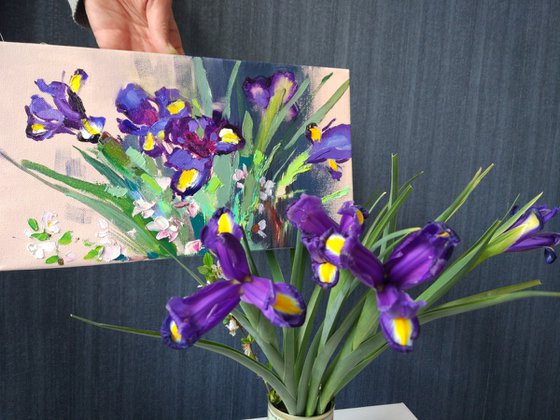 Irises and cherry blossoms. Bouquet sketch. Original oil painting