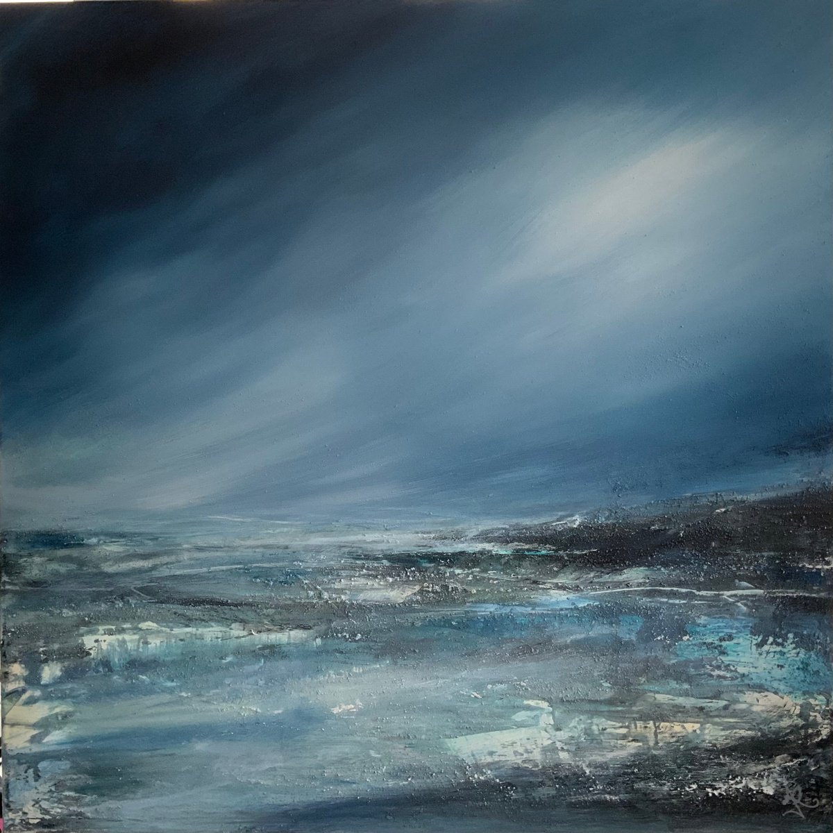 Abstract Landscape Acrylic Painting By Jan Rogers, 30 X 30, Rain Moving In Borth Xl, Original Artwork