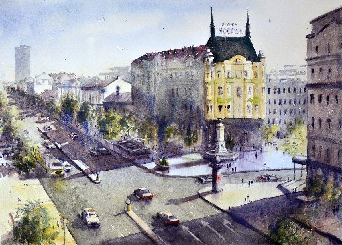 Top view of Terazije square Belgrade 74x54cm 2022 by Nenad Kojic watercolorist