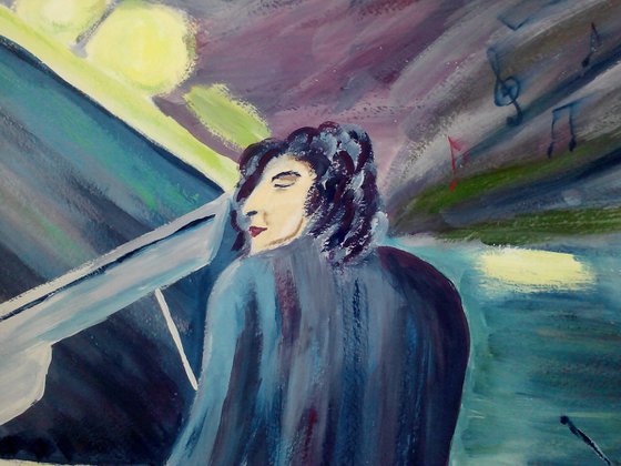 Jazz Painting Music Original Art Pianist Artwork Piano Musician Wall Art 24 by 17" by Halyna Kirichenko