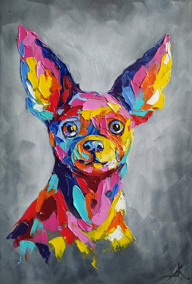 My eared friend - pet oil painting, dog, dog face, dog oil painting, chihuahua oil paintin... by Anastasia Kozorez