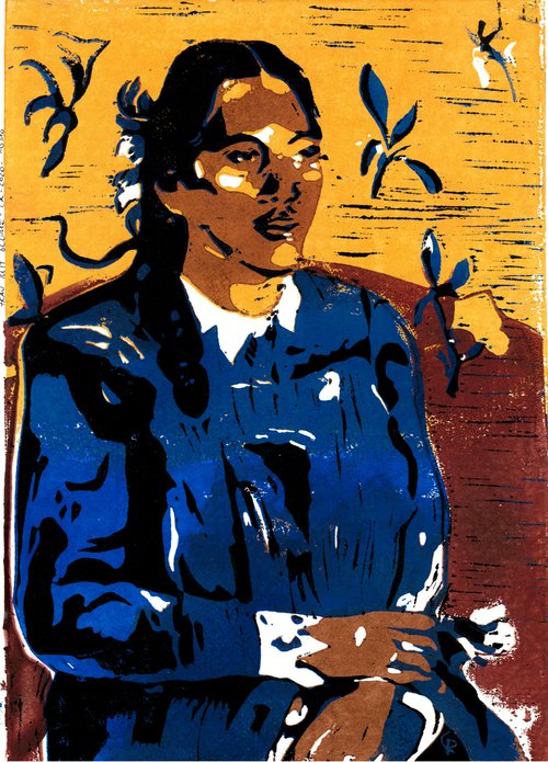 Tahiti Frau mit Blume - Linoprint inspired by Paul Gaugin by Reimaennchen - Christian Reimann