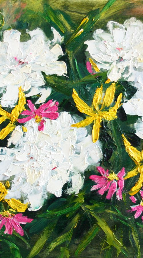 White Peonies in Garden ... /  ORIGINAL PAINTING by Salana Art Gallery
