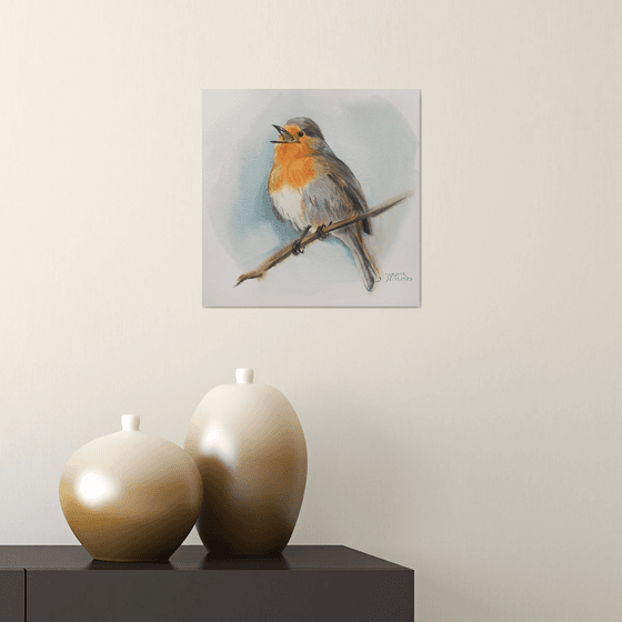 Robin bird. Painting with a bird. Painting for her