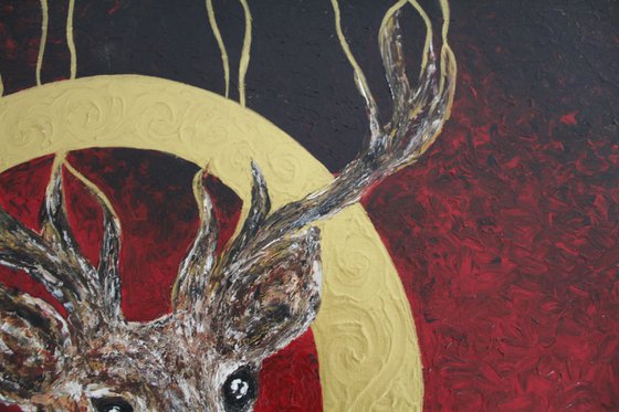 The Golden Ring and Stag - Palette Knife - Acrylic painting on canvas board - animal art - affordable art - animal lovers gift