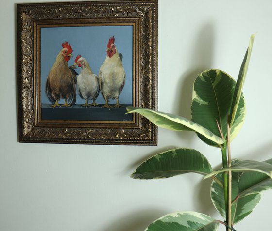 Chickens in a Row, Chicken Painting, Animal Artwork, Nature Wall Decor Framed and Ready to Hang Oil Painting by Alex Jabore Active