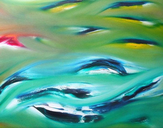 Dolphins - 120x60 cm, Original abstract painting, oil on canvas