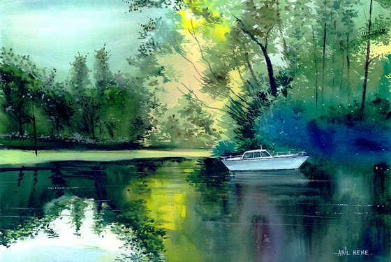 A White Boat In Deep Lake