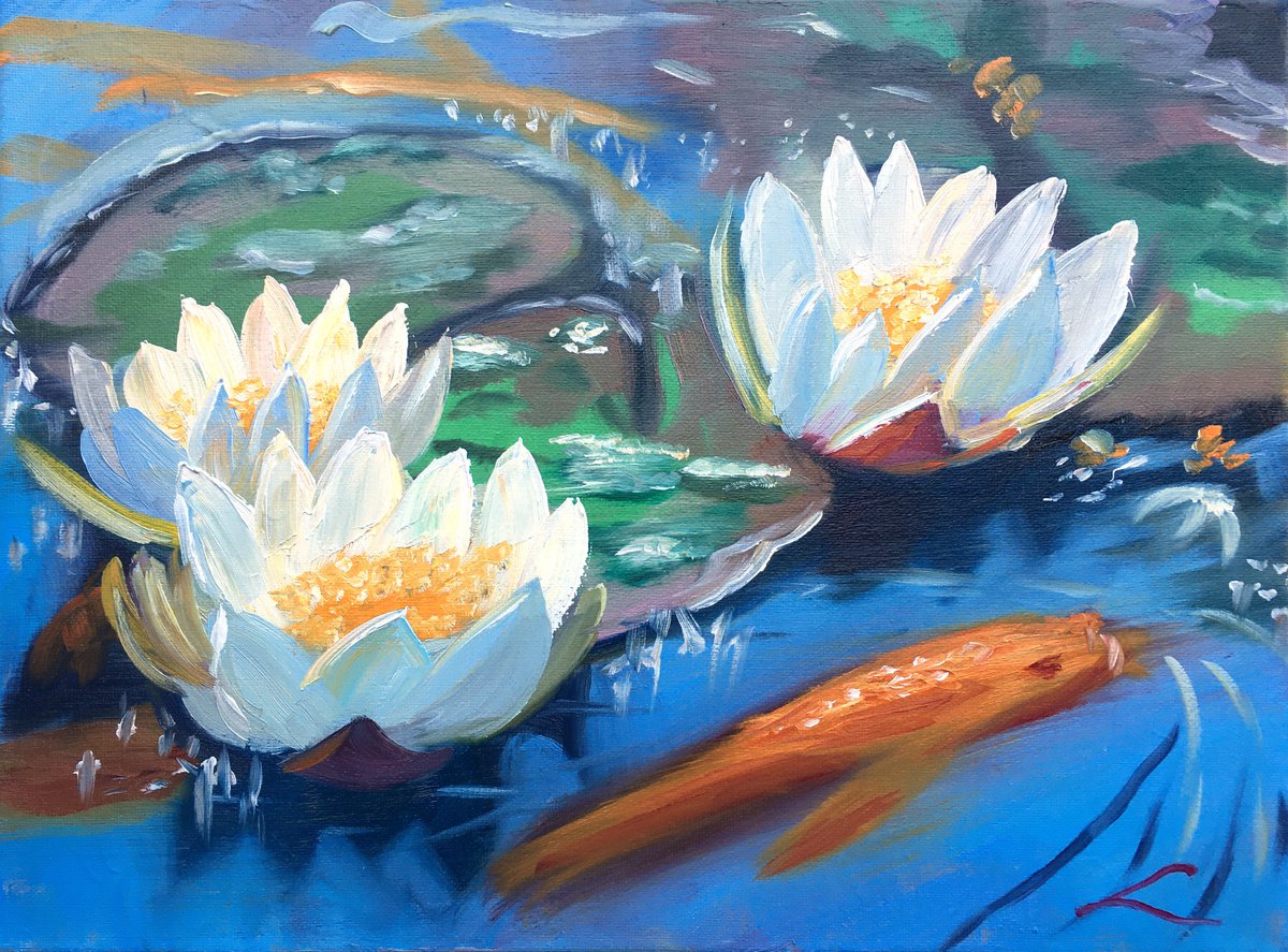 Impressionistic Botanical Oil Painting By Elena Sokolova, 15 X 11, Waterlilies 6, Original Artwork
