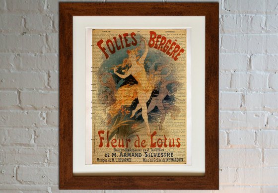 Folies Bergere Fleur de Lotus - Collage Art Print on Large Real English Dictionary Vintage Book Page