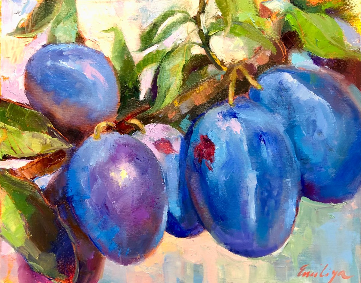 Plums Fruit Art, Original Painting, Oil on Canvas, Plums Art, Original Still Life, Impress... by Emiliya Lane