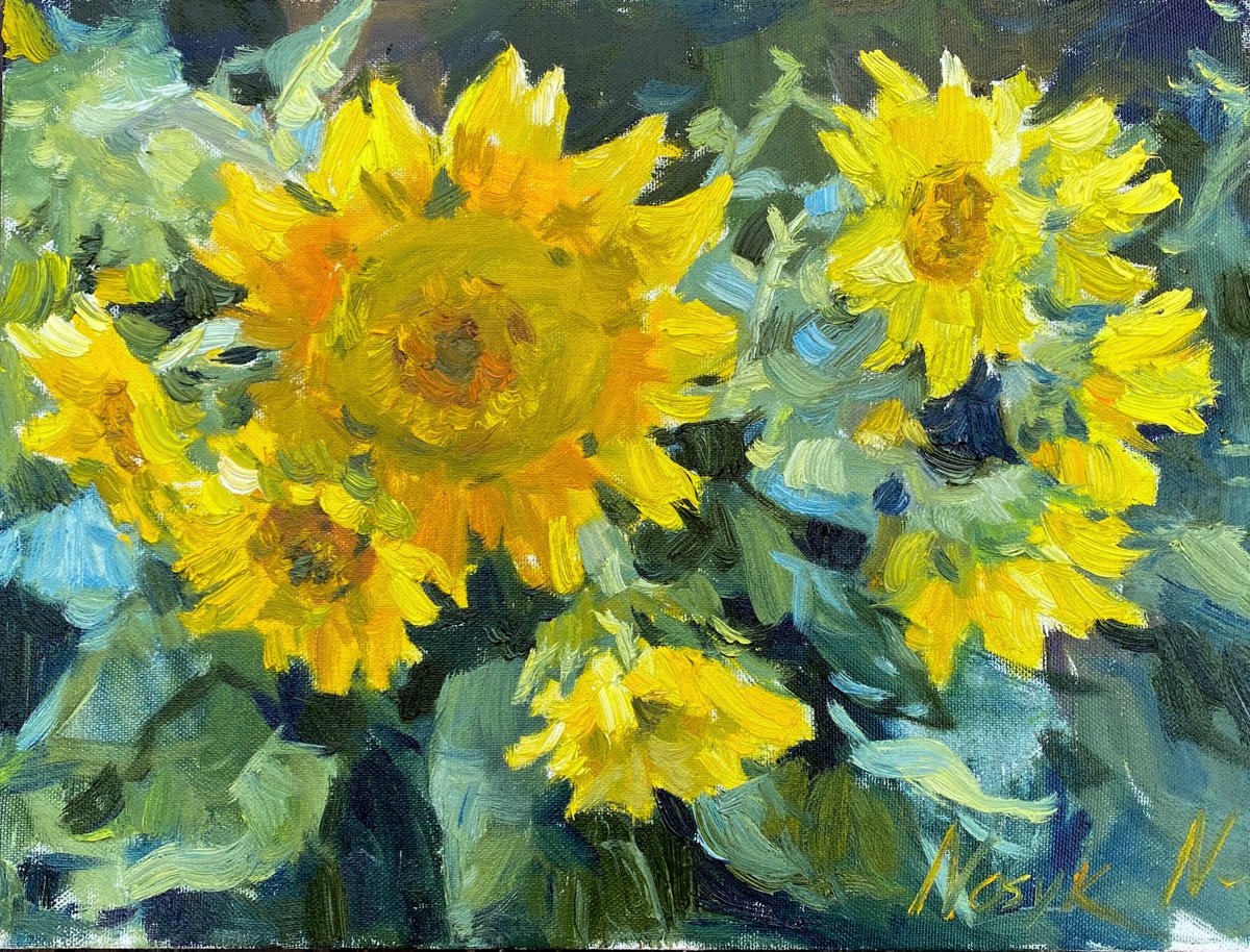 Sunflowers on dark background | oil painting on canvas by Nataliia Nosyk