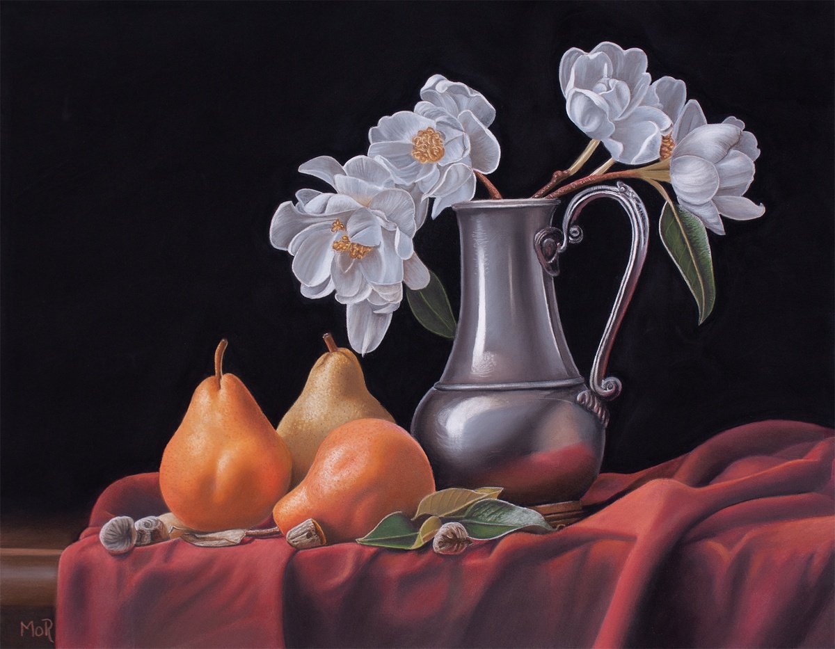 Photorealistic Still Life Pastel Drawing By Dietrich Moravec, 20 X 16, Still Life On Red Cloth, Original Artwork