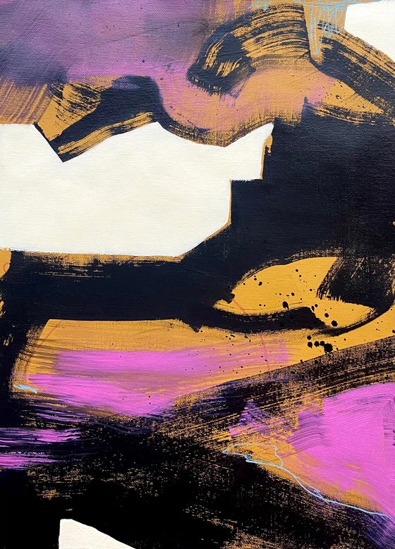 "LOOKING FOR STRUCTURE"- bright abstract, yellow pink, black and white