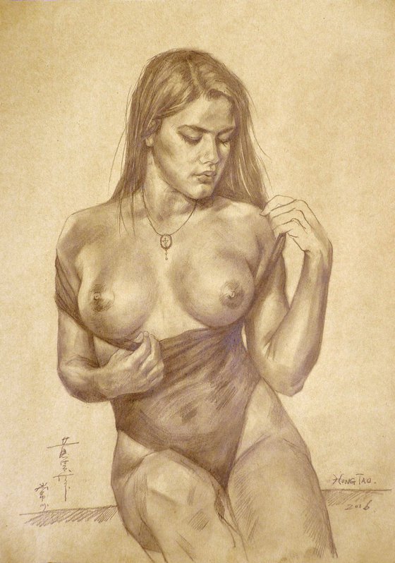 Drawing pencil naked nude   on brown paper #16-5-26