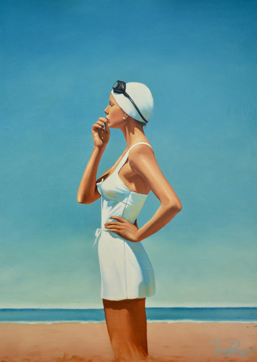 Impressionistic Portrait Oil Painting By Johnny Popkess, 18 X 24, Pondering - In White, Original Artwork