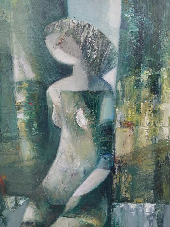 Near the curtain 46x56cm ,oil/paper, abstract portrait