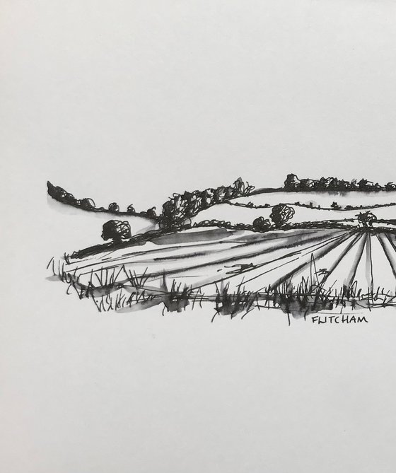 Autumn scene Norfolk Countryside Landscape Drawing in Pen and Ink - Traditional English Landscape