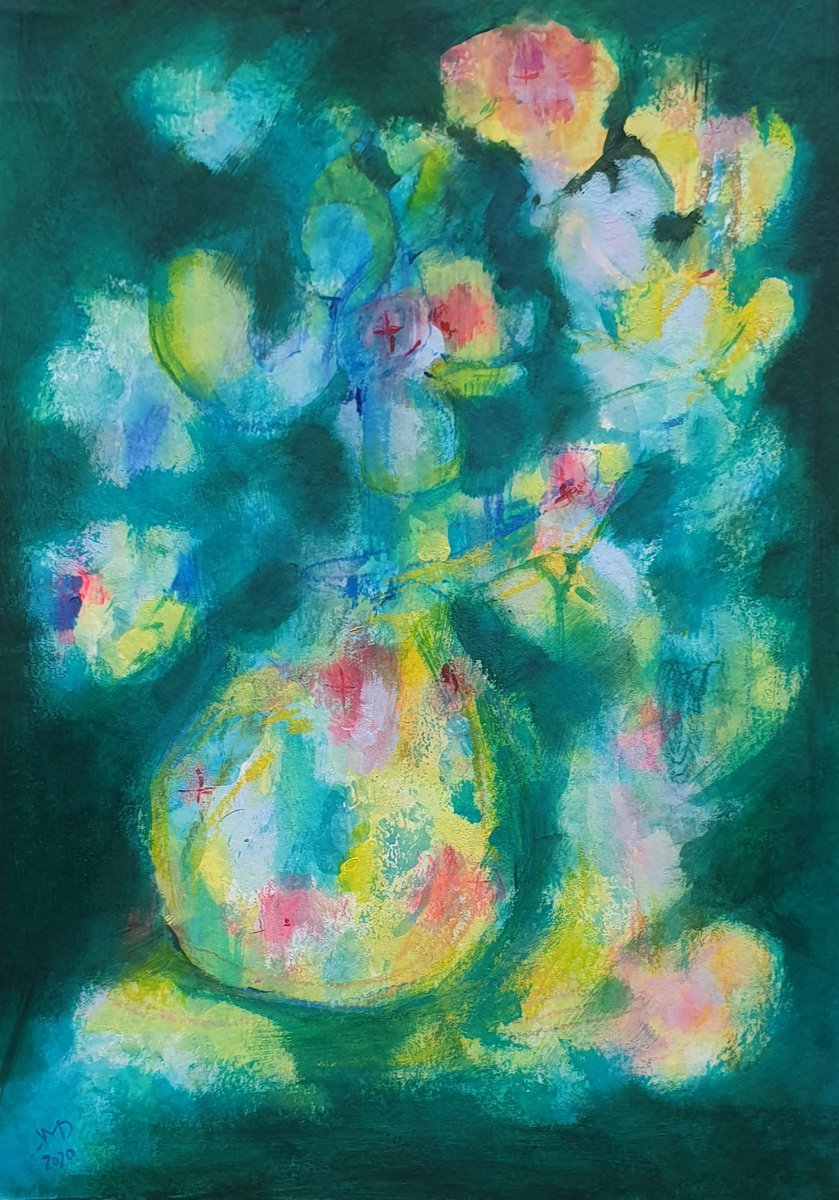 Expressive Abstract Acrylic Painting By Ksenia June, 8 X 12", The First Day Of Summer / Abstract Bouquet, Original Artwork