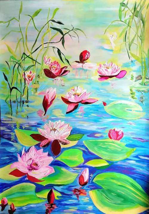 GIFT  PALETTE KNIFE  ORIGINAL PAINTING  FENG SHUI  Artwork: "Water lily pond"" by Sanja Jancic