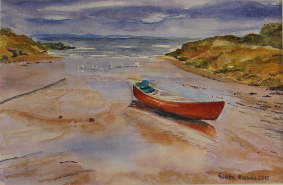 Watercolor Painting Of Red Boat