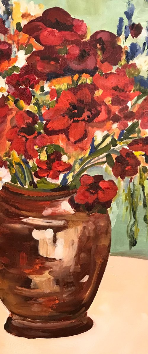 Red Poppies in Brown Vase by Annette Wolters