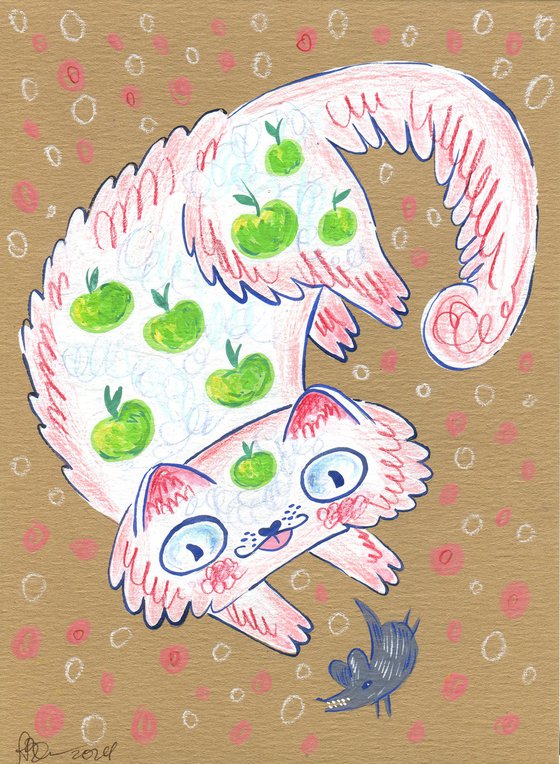 Cat in apples with a mouse