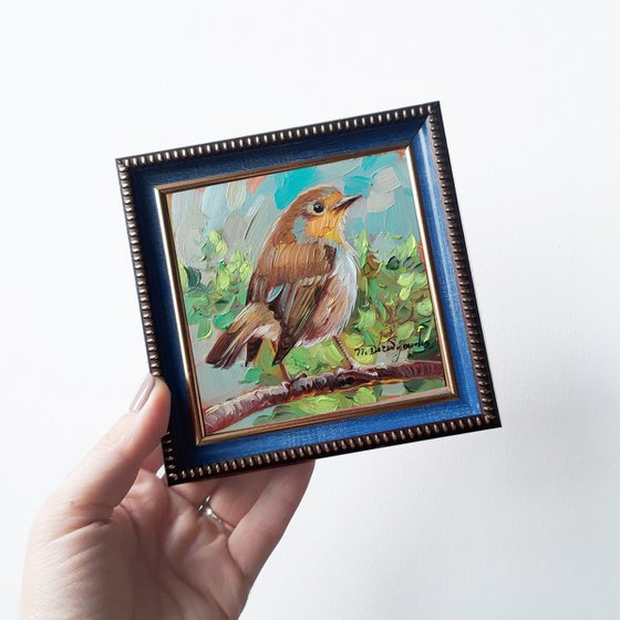 Robin bird oil painting original birding artwork, Miniature framed art