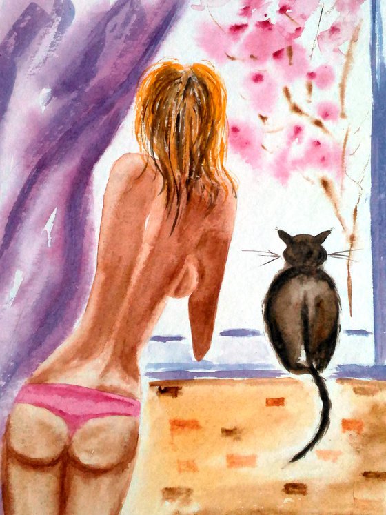 Quarantine Painting Original Watercolor Artwork Woman and Cat Isolation Small Wall Decor