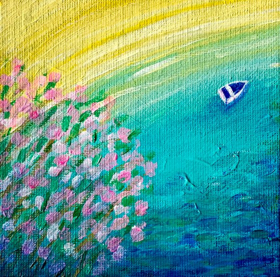 Sea Thrift, 10x10cm small acrylic landscape canvas board painting