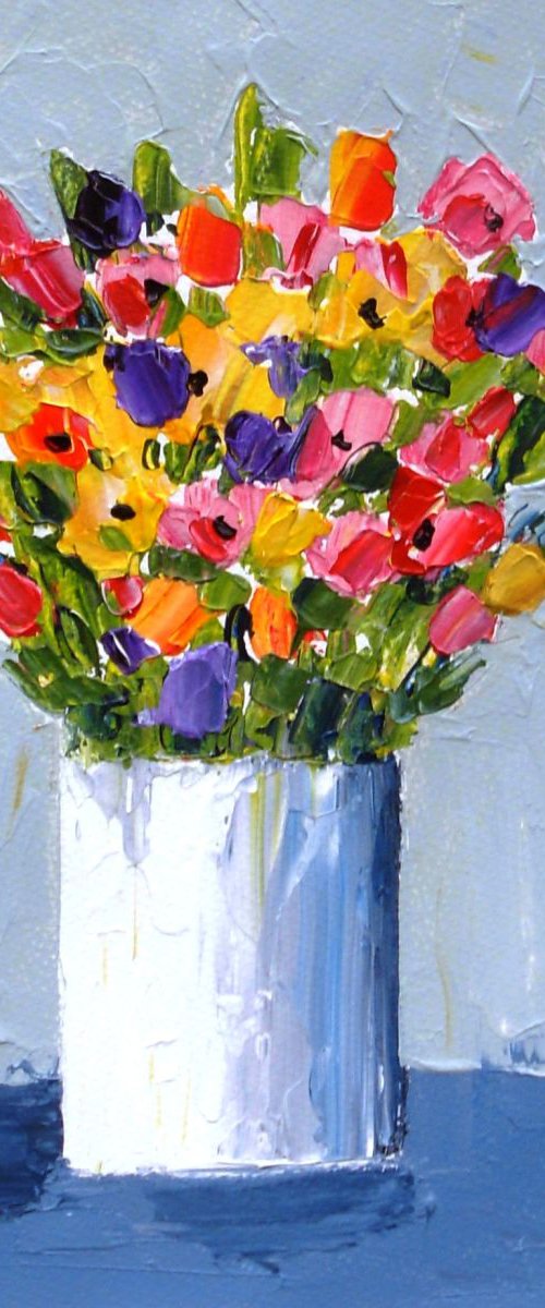 Spring Flowers in a Small White Vase by Jan Rippingham