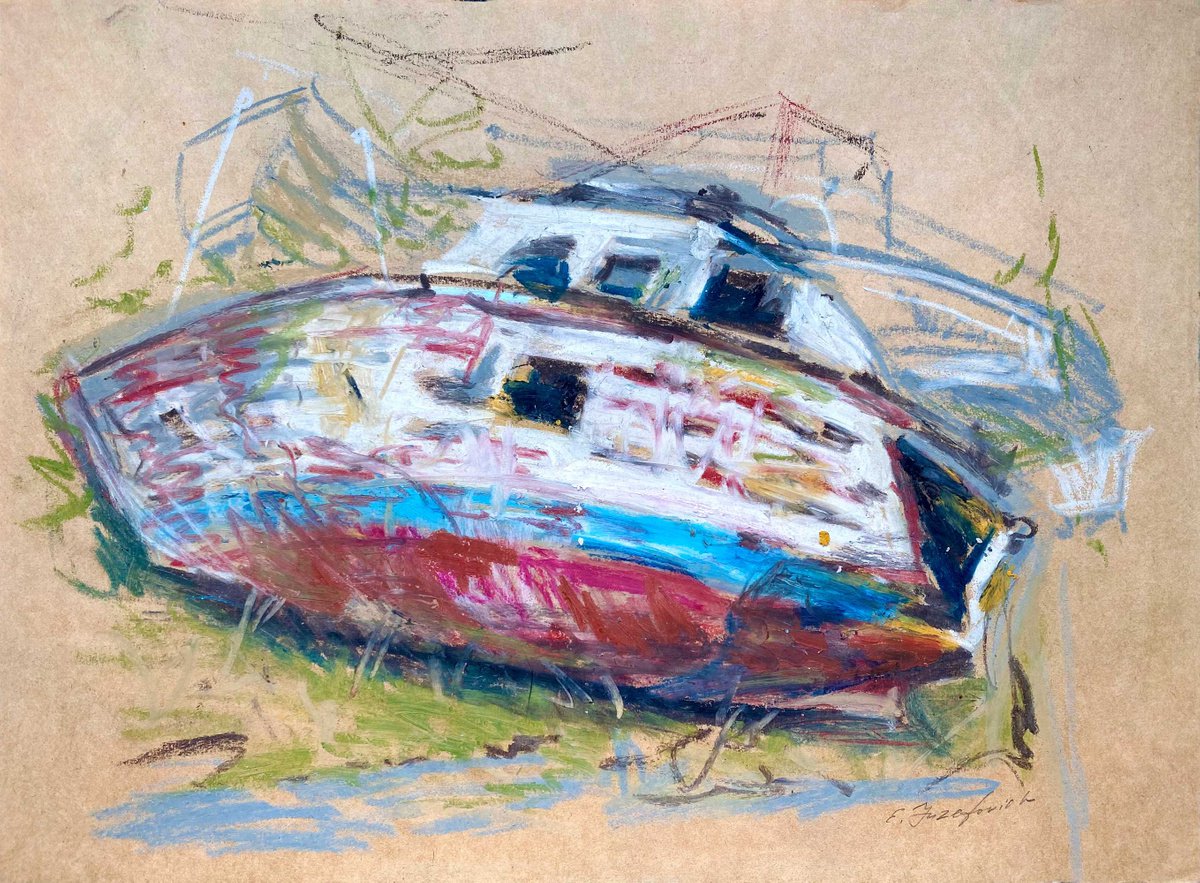 Impressionistic Pastel Drawing , Old Wooden Boat By Elena Yuzefovich, 16 X 12, Artwork For Sale On Artfinder